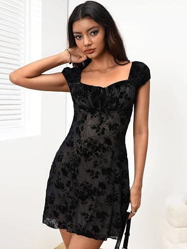 SweatyRocks Women's Floral Mesh Gothic Dresses A Line Cap Sleeve Sweetheart Neck Mini Dress thumbnail 5