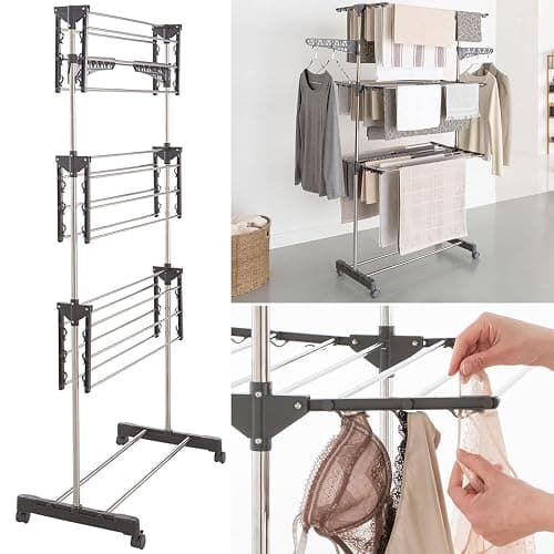 IDMarket - Séchoir à Linge Vertical Pliable 3 Niveaux Maxima capacité 20M INOX et Gris thumbnail 3