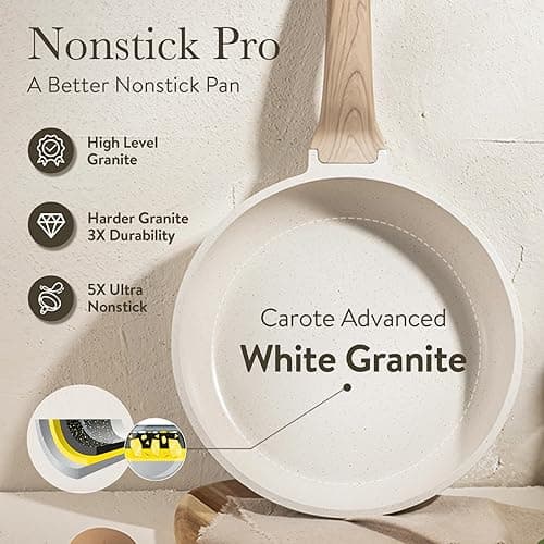 CAROTE 16 Piece Cookware Set, Nonstick Pots and Pans, Induction Cookware Cooking Set with Frying Pans, Saucepans, Saute Pan - Cream White - 16 Piece thumbnail 3