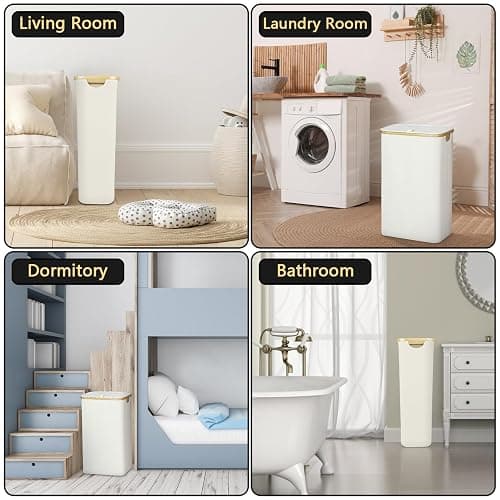 Slim Laundry Hamper with Lid - 60L Narrow Laundry Hamper with Lid, Dirty Clothes Hamper Small Hampers for Small Space, Slim Laundry Basket with Bamboo Handle (Beige) thumbnail 7