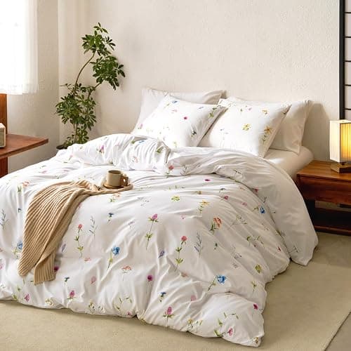 Wake In Cloud - Floral Comforter Set, Cottagecore Cute Aesthetic Watercolor Tiny Flowers and Leaves, Soft Lightweight Bedding for Women Teen Girls, 3 Pieces, White Multicolor, Queen Size thumbnail 2