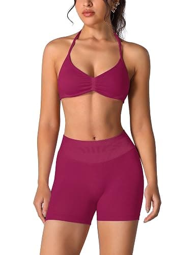 ABOCIW Womens Seamless Workout Sets 2 Piece Strappy Halter Sports Bra Scrunch Butt Shorts Gym Yoga Outfits - Image 1
