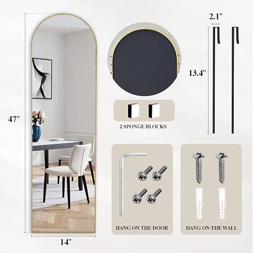 DUMOS 47"x14" Full Length Door Mirror, Arched Full Body Mirror with Aluminum Alloy Thin Frame, Leaning or Hanging, Suitable for Bedroom, Livingroom, Cloakroom, Gold thumbnail 2