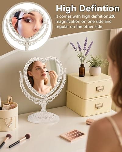 JDPEYI Heart Shaped Cute Vanity Princess Mirror for Desk,Double-Sided Rotatable Table with Stand Downtown Girl Room Coquette Decor (Beige) thumbnail 7