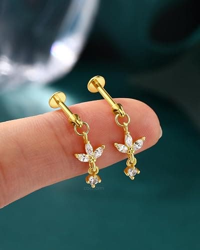COCHARM 16G Flower Cartilage Earring Vertical Helix Piercing Jewelry, Flat Back Piercing Stud for Cartilage, Dangle Design, Gold and Silver Tone Lobe Helix Earring Stud thumbnail 4