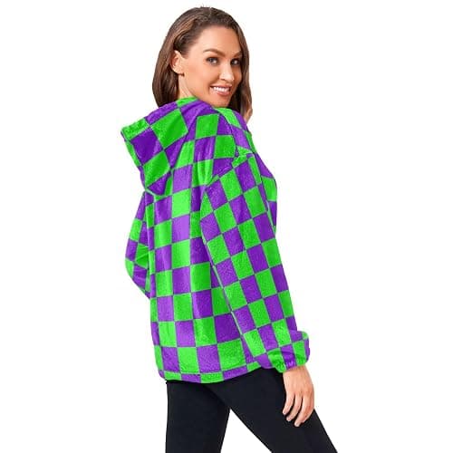 UMIRIKO Purple and Green Buffalo Checkered Womens Sweatshirts Fuzzy Fleece Hoodies Fluffy Coat Zipper Pullover with Pockets S thumbnail 3