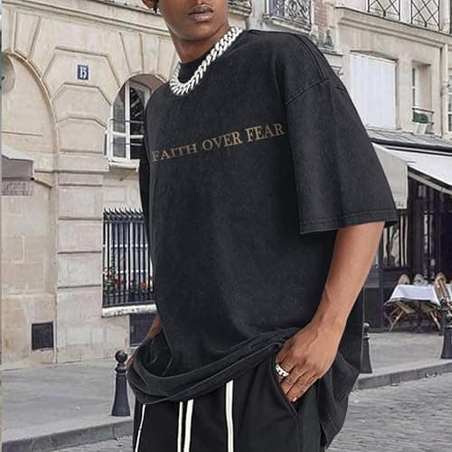 Weetiotio Christian Faith Over Fear Shirt for Men Jesus Religious Shirts Oversized Graphic Tees Acid Wash God T-Shirt thumbnail 3