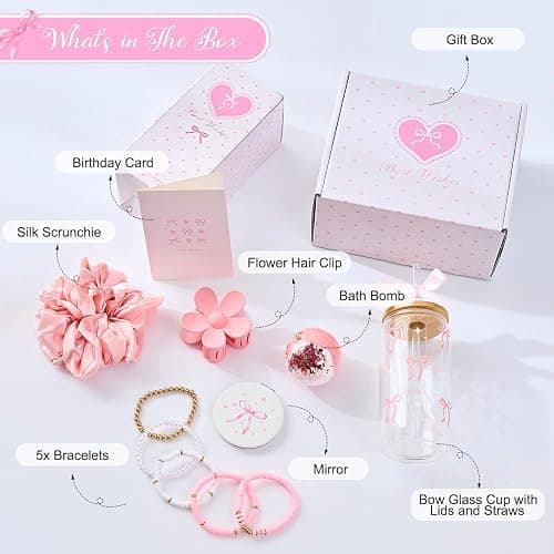 LANGASQUE Birthday Gifts for Women Teen Girls, Happy Birthday Gift Baskets for Women, Coquette Pink Bow Glass Cup Gift Box Set, Chrismas Gifts for Daughter Sister Wife Girlfriend Mom thumbnail 2