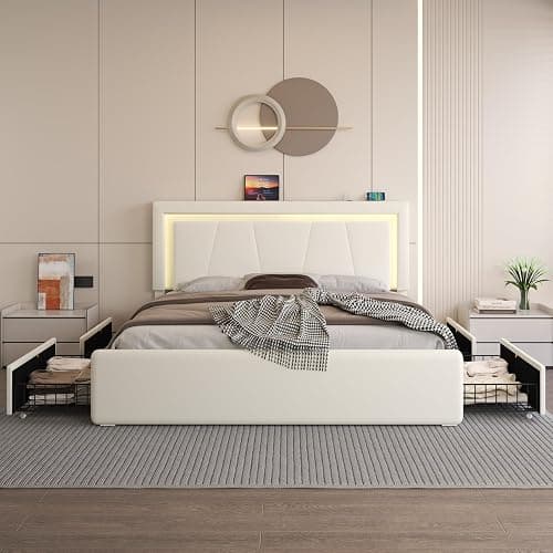 Queen Size Bed Frame with 4 Storage Drawers and LED Lights, Upholstered Platform Bed with Adjustable Headboard and Charging Station, Metal Slats Support, No Box Spring Needed,Easy Assembly, White thumbnail 3