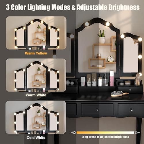 NEDYO Vanity Table, Vintage Vanity Desk with Mirror and Lights, Tri-Fold Mirror Small Makeup Vanity with Chair, Vanity Set for Bedroom and Small Spaces. Carbon Black thumbnail 3
