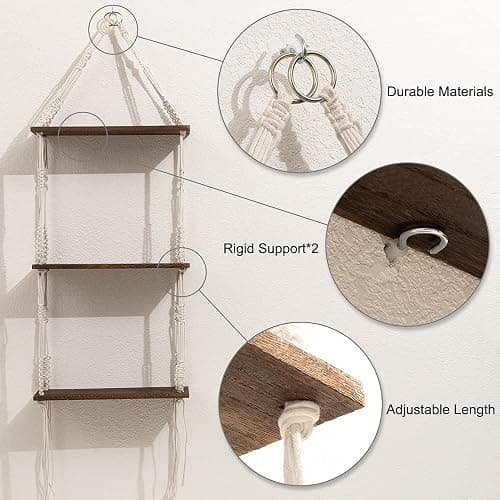 WOOD MEETS COLOR 3 Tier Macrame Wall Hanging Shelves with Artificial Ivy Leaves,Boho Room Decor Handmade Cotton Rope,Wooden Hanging Storage Floating Shelves for Small Plants,Living Room Bedroom thumbnail 4
