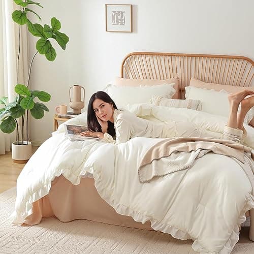 JANZAA Full Comforter Set Creamy White Ruffle Comforter with 2 Pillowcase Soft Full Size Bed Set Vintage Farmhouse Bed Comforter Set Fluffy Shabby Chic Bedding for All Season thumbnail 2