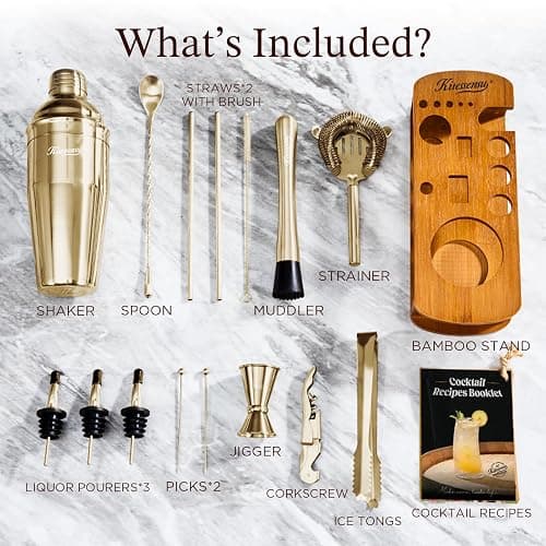 KITESSENSU Cocktail Shaker Set Bartender Kit with Stand | Bar Set Drink Mixer Set with All Essential Accessory Tools: Martini Shaker, Jigger, Strainer, Mixer Spoon, Muddler |Champagne Gold - 17pieces-Champagne Gold thumbnail 2
