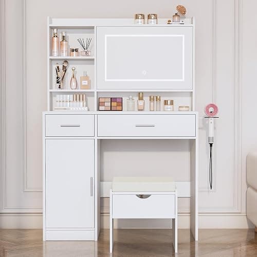 Viaozutis Vanity Desk with Mirror and Lights, with Hidden Shelves,4 Compartments,2 Drawers,Cabinet & Stool,Dimmable LED Lights,Power Outlets, Ideal for Bedroom Vanity Organization(White) thumbnail 2