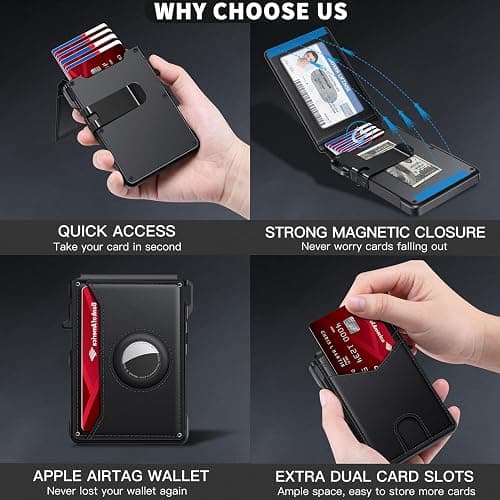 KIKVES Airtag Wallet for Men, Mens Smart Wallet for Air Tag RFID Blocking, Minimalist Bifold Pop Up Aluminum Credit Card Case Holder 12+ Cards with ID Window, Gift for Men, No Airtag Included, Black thumbnail 6