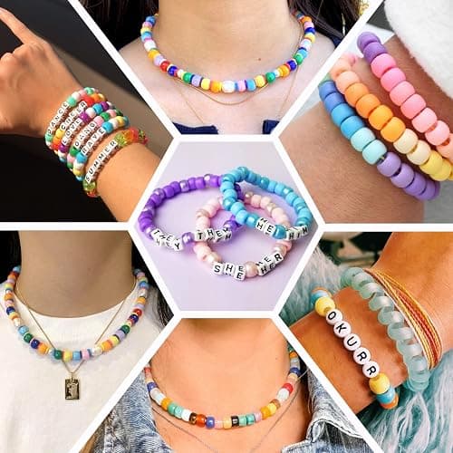 Quefe 3960pcs Pony Beads for Friendship Bracelet Making Kit 48 Colors Kandi Beads Set, 2400pcs Plastic Rainbow Bulk and 1560pcs Letter Beads with 20 Meter Elastic Threads for Craft Jewelry Necklace thumbnail 6