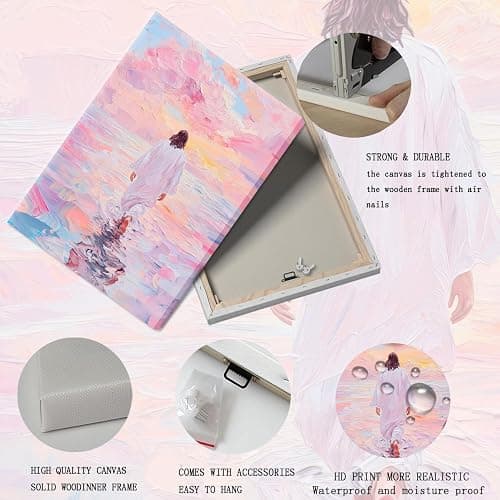 Jesus Canvas Wall Art Pink Jesus Walks on Water Painting Picture Wall Decor Religious Savior Wall Art Christian Bible Stories Poster print Artwork for Living Room Bedroom Church Decor 24x36in canvas thumbnail 2
