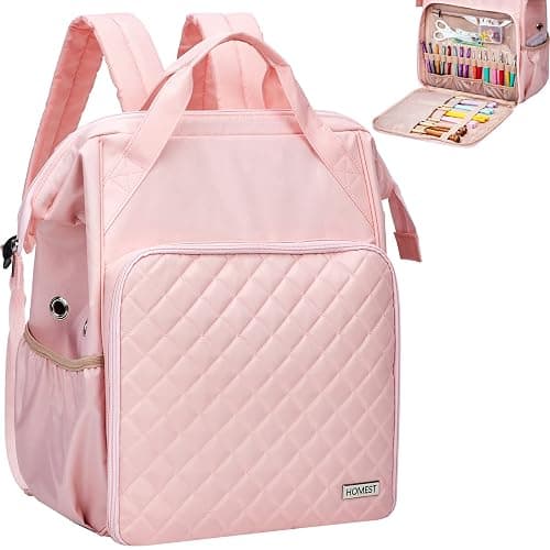HOMEST Knitting Bag Backpack, Crochet Storage Organizer, Large Yarn Holder with Custom Front Pocket for Crochet Accessories and Supplies, Pink - Image 1