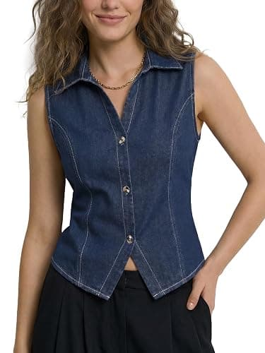 LYANER Women's Denim Vest Sleeveless Collared V Neck Button Down Casual Summer Jean Tank Shirt Top thumbnail 2