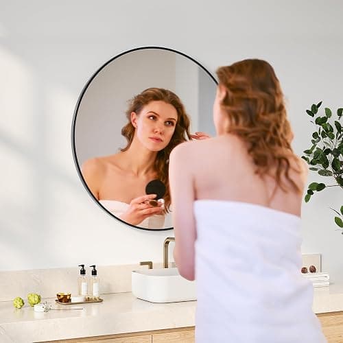 IDEALHOUSE 18 Inch Black Round Wall Mirror, Circle Mirror Metal Frame for Bathroom, Vanity, Entryway, Bedroom, Living Room, Wall Mounted Modern Rustic Decor thumbnail 3