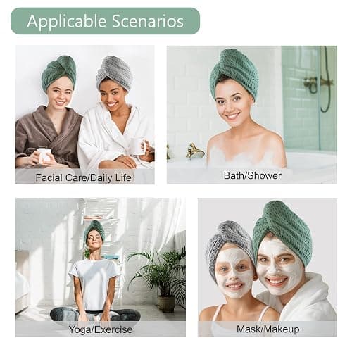 Microfiber Hair Drying Towel - 2Packs Waffle Long Hair Head Turban Wraps Terry Cloth Fast Absorbent Dry Anti Frizz Twist Plopping Curly Shower Turban for Women Wet Hair (Green) thumbnail 4