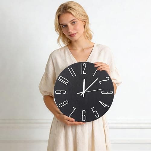 bakbrand Wall Clock 12 Inch Silent Non-Ticking Imitation Wood Indoor Clock Round Brown Decor Clock Modern 3D Figures Quartz Wall Clocks for Home, Hotel, Office, School thumbnail 2