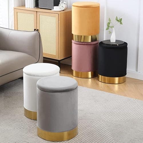 Mxfurhawa Velvet Storage Ottoman Multipurpose Footrest Stool with Metal Base Modern Round Vanity Stool Chair Ottoman Foot Stools Support 300 lbs Padded Seat for Living Room (Cream (Velvet)) thumbnail 9