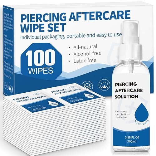 2 in 1 Piercing Aftercare Spray & Wipes Kit: Non-Greasy Saline Solution for Keloid Bump Removal, Piercing Bump Treatment Solution, Ear Nose Lip Belly Piercing Cleaner Wipes(3.38oz + 100ct) - Image 1