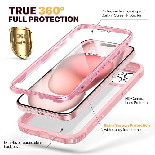 Diaclara Designed for iPhone 15 Case, Full Body Rugged Case with Built-in Touch Sensitive Anti-Scratch Screen Protector, with Camera Lens Protector for iPhone 15 6.1" (Coral Pink) thumbnail 3