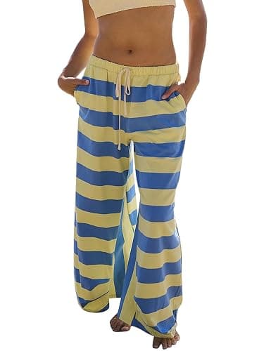 MSBESYOR Striped Lounge Pants for Women Summer Beach Trousers Drawstring Wide Leg Color Block Pants Casual Vacation - Image 1