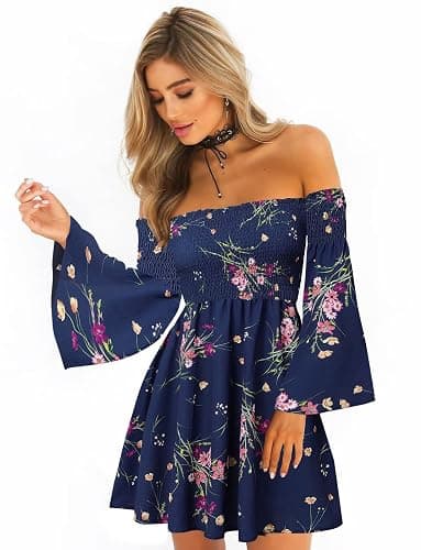ONEYIM Women's Dress Summer Floral Long Sleeve Off Shoulder Casual Mini Dresses - Image 1