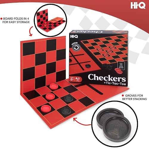 HI-Q Checkers & Tic-Tac-Toe Board Game Set – Classic Strategy for Kids & Family – Features Interlocking Stacking Pieces & Folding Board – Ages 6+ thumbnail 4