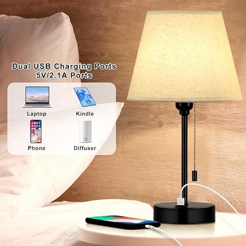 Bedside Table Lamps Set of 2 Small Nightstand Lamps with Dual USB Charging Ports Modern Desk Lamps with Fabric Lampshade for Bedroom, Living Room, Office thumbnail 4