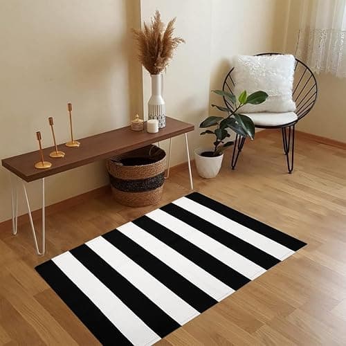 HEHJIPY Black and White Striped Outdoor Rug 27.5'' x 43'' Front Door Rug,Washable Cotton Woven Indoor/Outdoor Small Area Rugs,Layering Rug Door Mats for Front Porch/Entryway/Front Door Decor thumbnail 9