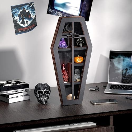 Qmetalart Coffin Shelf with Acrylic Dust Cover, Wooden Gothic Decor for Display or Storage Rocks Mini Figures, Cross Cut-Out Design, Wall Hanging & Tabletop Crystal Display Shelf Gothic Home Decor thumbnail 7