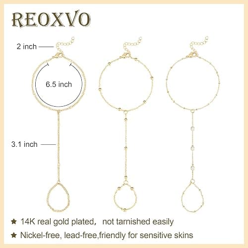 Reoxvo Gold Hand Chain Ring Bracelets Jewelry for Women | Non Tarnish Waterproof 14K Gold Plated Finger Rings Bracelet Accessories thumbnail 5