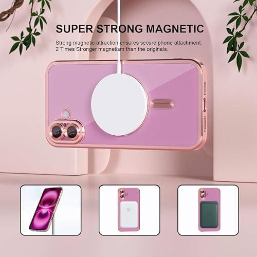 Misea Magnetic for iPhone 16 Plus Case with MagSafe [Never Yellowing] [Military Grade Drop Protection] Full Camera Lens Protector Plating Soft Clear Phone Case for Women Girls 6.7 inch, Pink thumbnail 5