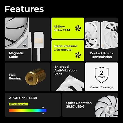 TRYX ROTA SL ARGB White 120mm Case Fan 3in1 Pogo-Pin Connection with Magnetic Cable Gen2 ARGB Light Quiet PC Case Fan thumbnail 2