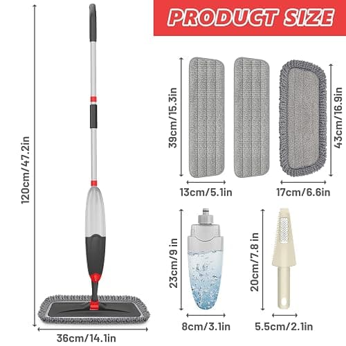 HOMTOYOU Microfiber Hardwood Floor Mop: Dust Spray Mops for Cleaning Wood Home Kitchen Floors - Wet Mopping & Dry Sweeping - 3 Reusable Refills & 1Pcs 400+ML Refillable Bottle thumbnail 2