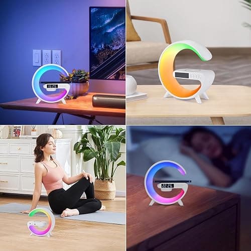 Aeehuck Mini Wireless Speaker with Atmosphere Light, Wireless Charging, Alarm Clock and Bedside Lamp (White) thumbnail 6