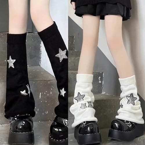 DUOJINSANXI 2Pcs Black White Leg Warmers for Girls Cute Leg Warmers Y2k Harajuku Knit Star Legwarmer Accessories for Women thumbnail 6