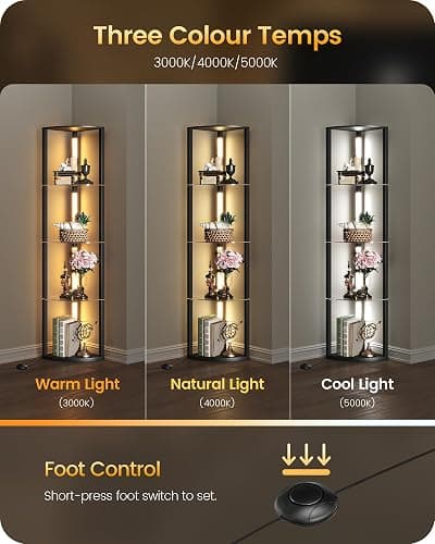 GOEBLESON Floor Lamp with Shelves, 4 Tier Wooden Standing Lamp, 360° Rotatable Pole, 3 CCT & Dimmable Corner Floor Lamps for Bedroom, Living Room, Study, Office, Black ZG54LDK05 thumbnail 2