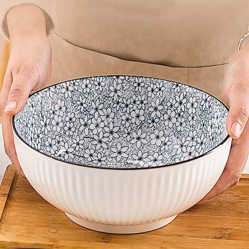 QINLANG 60 oz Large Soup Bowl, Pho Bowls, Japanese Ramen Bowls Set of 3, 8 in Blue and White Porcelain Big Bowls for Eating - 3 Mixing Patterns thumbnail 7