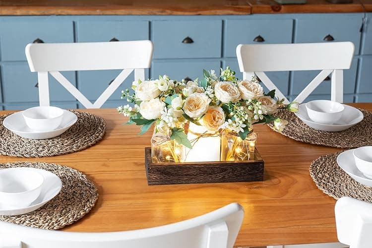 Mkono Mason Jar Lights Centerpiece Table Decor for Dining Room Farmhouse Wood Tray with 3 Jars Flowers Thanksgiving Decoration for Coffee Table Kitchen Living Room Wedding thumbnail 2