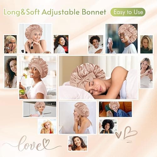 BONNET QUEEN Silk Bonnet for Sleeping for Curly Hair, Satin Bonnet Hair Wrap for Women & Men, Adjustable Silk Scarf Night Cap with Tie Band, Champagne thumbnail 5