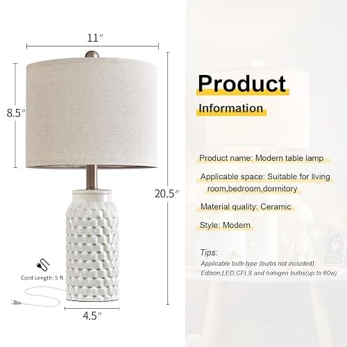 USumkky 20.5" White Modern Ceramic Bedside Lamp Set of 2 for Bedroom Decor Farmhouse Table Lamp for Living Room Office Dorm thumbnail 3