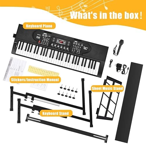 61 Key Portable Keyboard Piano with Stand, Electronic Keyboard Piano Kit, Microphone, Note Stickers, Music Rest, Digital Music Keyboard Built-In Speakers for Beginners thumbnail 6