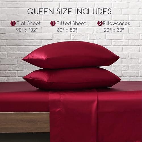 MR&HM Satin Bed Sheets, Queen Size Sheets Set, 4 Pcs Silky Bedding Set with 15 Inches Deep Pocket for Mattress (Queen, Burgundy) thumbnail 8
