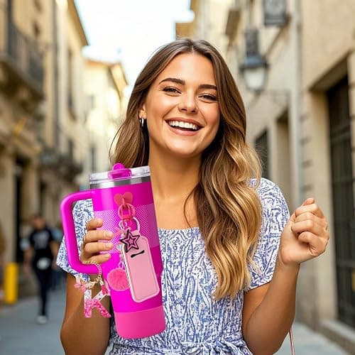 AIERSA 9PCS Cup Accessories Set for Stanley Cup 30oz 40oz Tumbler with Handle, Including Bow Straw Topper Cover Cap and Boot, Spill Proof Stopper, Initials Letter Charms for Handle, Pink Keychain (K) thumbnail 4