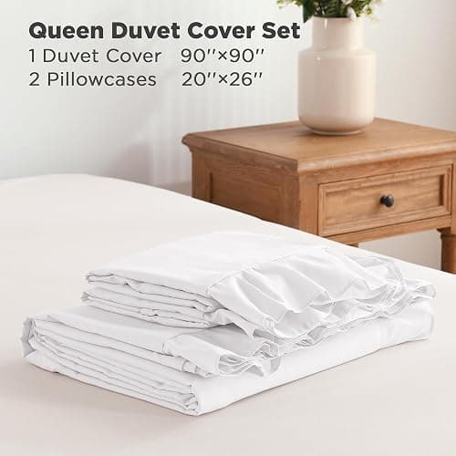 Andency White Ruffle Duvet Cover Queen(90x90Inch), 3 Pieces Soft Washed Microfiber Vintage Shabby Chic Farmhouse Ruffled Duvet Cover Set with Zipper Closure & Corner Ties thumbnail 6